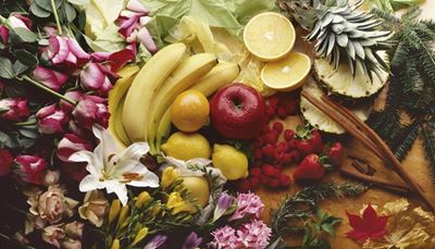 lilie, okvětnílístky, větvička, skořice, jahody, ananas, jablko, maliny, banán, citrón, růže