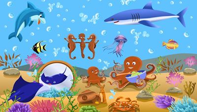pieuvre, hippocampe, mondemarin, raiemanta, coquille, fondmarin, dauphin, méduse, poisson, miroir, requin, bulles, crabe