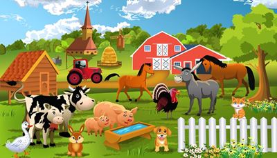 govedo, prašiček, traktor, vodnjak, teliček, kmetija, ograja, skedenj, konj, svinja, puran, žrebe, seno, osel, mlin