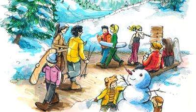 sneg, smučarskadeska, kažipot, palice, snežak, pobočje, smuči, jelka, otroci, letovišče, klop, kapa