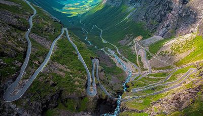 дорога, норвегия, поворот, горы, серпантин, долина, река, склон