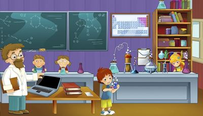 fascikel, formula, laboratórnyplášť, periodickátabuľka, školáčka, banka, laptop, experiment, tabuľa, chémia