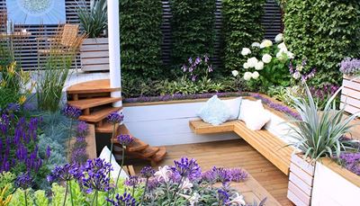 stubište, dvorište, stolica, jastuk, ljiljani, biljke, klupa