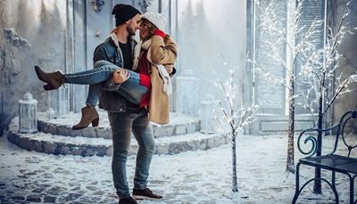 праг, романтика, портик, палто, джинси, двойка, дърво, пейка, шапка, вл, сняг