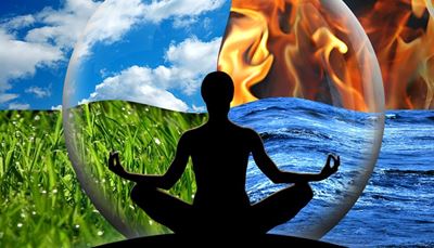 silhueta, água, meditação, elementos, terra, bolha, pose, erva, ar, fogo
