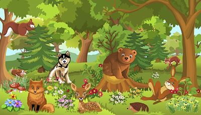 kiškis, meškosjauniklis, voverė, elniukas, šuniukas, miškas, musmirė, triušis, ežys, kelmas, lapė