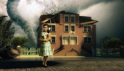 tyttö, luonnononnettomuus, tornado, osat, auto, lelu, tuhoutuminen, koti, aita