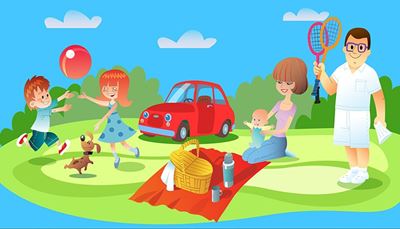 děti, badmintonovýmíček, badminton, tenisováraketa, trávník, kojenec, piknik, matka, termoska, auto, otec