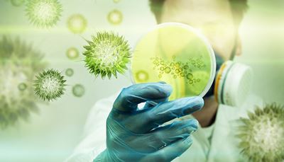 petrihomiska, laboratorníplášť, respirátor, rukavice, bakterie, čelo, buňka, prsty, virus, vědec, věda