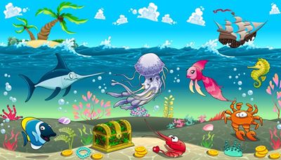 plavut, meduza, morskikonjiček, skrinja, mečarica, rakovica, valovi, krempelj, biser, kovanci, riba, lovka, otok