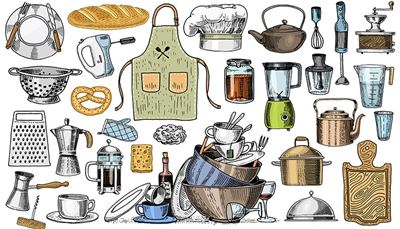 corkscrew, coffeegrinder, frenchpress, chef'shat, utensils, blender, sponge, pretzel, kettle, whisk, pan, mixer, grater