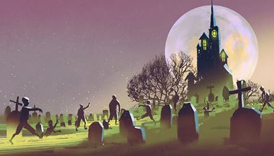 tumba, cementerio, zombi, iglesia, árbol, noche, lápida, chapitel, luna, cruz