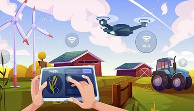 aerogenerador, espantapájaros, internet, dron, tableta, tablero, tractor, almiar, granja, panel