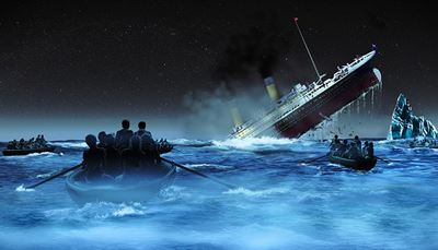 iceberg, passagers, brouillard, bateau, nuit, sauver, écrasement, titanic, océan, cheminée, rame