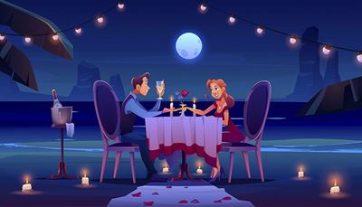 vainiklapis, pasimatymas, romantika, staltiesė, pakrantė, girlianda, žvakė, mėnulis