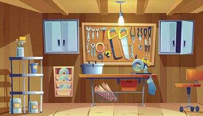 pensel, rulle, arbejdsrum, værktøj, hammer, pære, handske, skab, sav