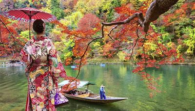 geisha, gren, bådsmand, paraply, båd, kimono, japan, sø