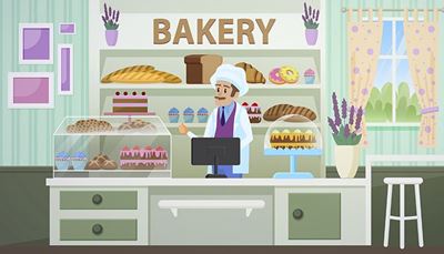 okno, krawat, croissant, tort, muffin, stołek, pączek, słodycze, chleb, lada, zasłona