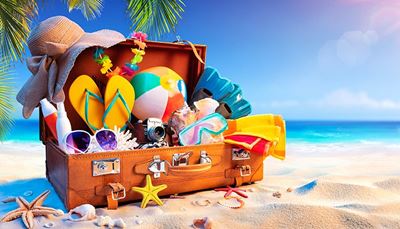 plaża, kapelusz, kremzfiltrem, rozgwiazda, muszelka, klapki, waliza, ręcznik, płetwy, piłka, palma, piach