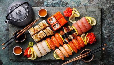 seafood, chopsticks, soysauce, cuisine, shrimp, wasabi, rice, sushi, ginger, nori, teapot, tuna, stone, lemon