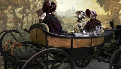 sleeve, wheel, mannequin, background, carriage, forest, jabot, museum, dress, hat