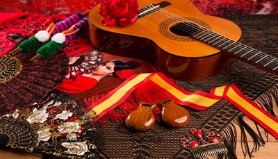 flecos, castañuelas, flamenco, diapasón, cinta, español, cuerdas, guitarra, peineta, flor, abanico, españa