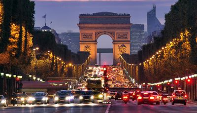 osvětlení, silnice, semafor, paříž, oblouk, mrakodrap, zácpa, auto, bulvár, noc, skútr