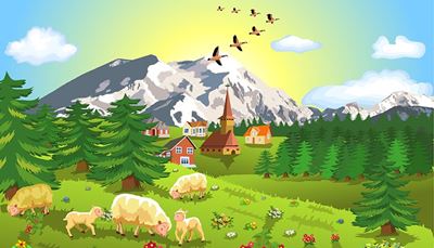 flok, får, skrænt, bjerg, and, landsby, græsgang, kirke, hus, lam