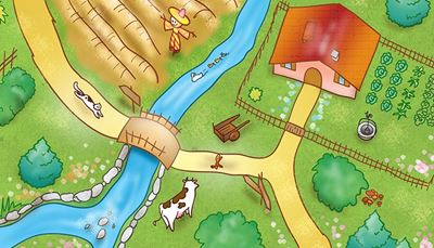 most, straszydło, drogowskaz, studnia, ogródek, farma, wejście, rzeka, taczka, brama, krowa, grządki, kot