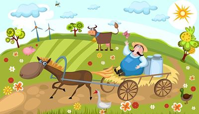 kůň, bandaska, větrnáturbína, vozík, zvonek, vemeno, slunce, husa, kachna, mlékař, prase, oblak, včela, postroj