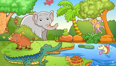 straublys, dramblys, karapaksas, krokodilas, beždžionė, ežeras, nasrai, krūmas, palmė, vėžliai, žuvis, šernas, varlė