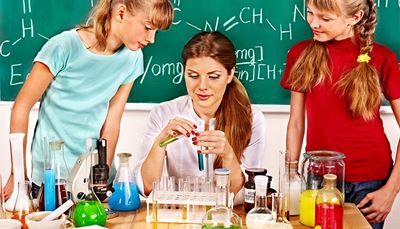 reagensglas, eksperiment, lærer, rullekrave, formel, negle, tavle, opløsning, mikroskop, kolbe, kemi, elev
