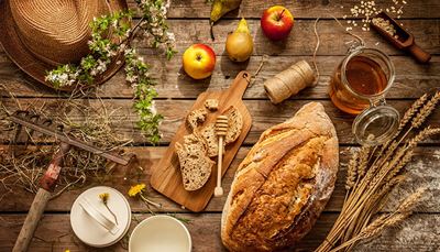 regrat, zajemalka, pšenica, jabolko, vrvica, seno, hruška, grablje, med, klobuk, kruh