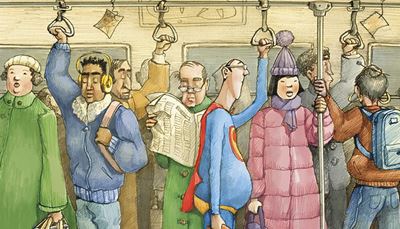 downjacket, headphones, overcoat, handrail, newspaper, superman, nape, backpack, cloak, subway, crowd