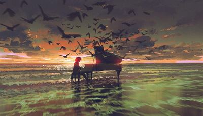 klavír, obzor, mávnutí, západslunce, pianista, oblak, vlny, hejno, ptáci, příboj