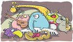 saxofoon, pianotoetsen, microfoon, olifant, giraffe, trommel, varken, viool, slang, slurf, hals, gitaar, bek, koala