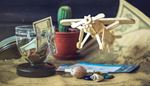 vrtuľa, kaktus, bankovka, stavebnica, listok, lietadlo, peniaze, mapa, kvetinac, mince