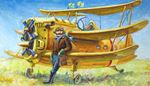 wing, airplane, cockpit, jacket, propeller, scarf, moustache, yellow, boots, bag, pilot