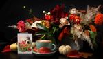 dahlia, dryflowers, cappuccino, postcard, saucer, handle, leaf, pumpkin, rose, foam, cart, kitten