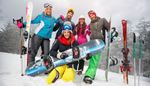chaqueta, esqui, antiparras, snowboard, bastones, amigos, invierno, ladera, nieve