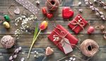 cadeau, noeud, ficelle, etiquette, printemps, bourgeon, tulipe, coeur, fil