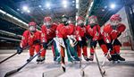 hockey, projecteurs, patinoire, gardien, neuf, deux, casque, patins, but, crosse, equipe