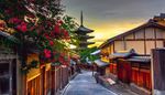 fleche, coucher, pagode, portail, japon, floraison, rue