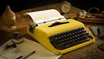 stempel, skrivemaskine, blaekhus, nogler, papir, clips, blyant, gul, ur, hoved