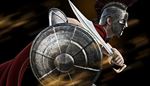espartano, guerrero, espada, escudo, metal, arma, casco, capa, oreja