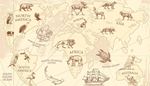 fauna, didiejiapuokai, maitvanagis, kontinentas, astunkojis, vilkas, flamingas, bizonas, kengura, dramblys, tukanas, vezliai, tigras, briedis, kakadu