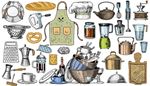 brezel, kastrull, franskpress, kaffekvarn, kockmossa, korkskruv, mixer, rivjarn, porslin, visp, tepanna, svamp