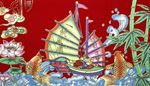 корабль, золотаярыбка, мачта, волны, бамбук, парус, флаг, лотос