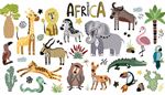 flamingas, krokodilas, leopardas, zirafa, dramblys, liutas, babuinas, zebras, tukanas, gnu, hiena, gyvate, palme, ara