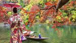 lagoa, barqueiro, galho, quimono, gueixa, barco, guarda-chuva, japao